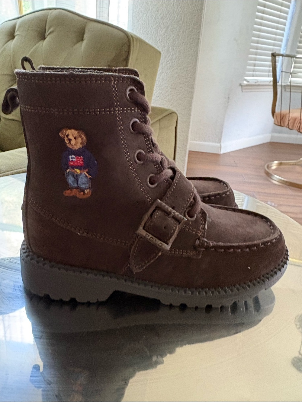 Polo Ralph Lauren Ranger Hi II Sweater Bear American Flag Brown Buckle kid SZ 13